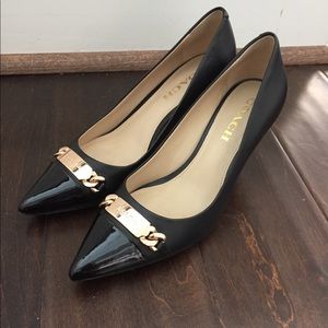 Coach Bowery Black Leather Pump with Patent Toe